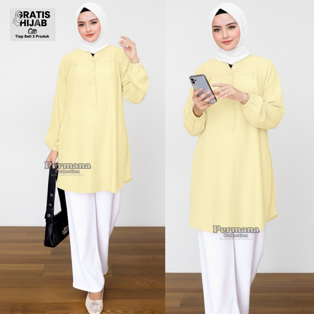 Blouse Wanita Warna Kuning Kenari Baju Atasan Muslimah Lengan Panjang Size Jumbo Kemeja Trendy