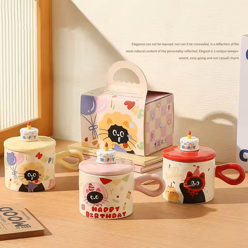 Mug Kucing Hitam Gelas Keramik Aesthetic / Box Cantik / Cocok untuk Hadiah Kado Ultah / Birthday 380