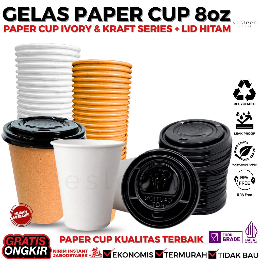 Paper Cup Tebal 8oz Tahan Panas | Paper Cup Kraft dan Ivory + Tutup Gelas Lid Paper Cup  | Gelas Ram