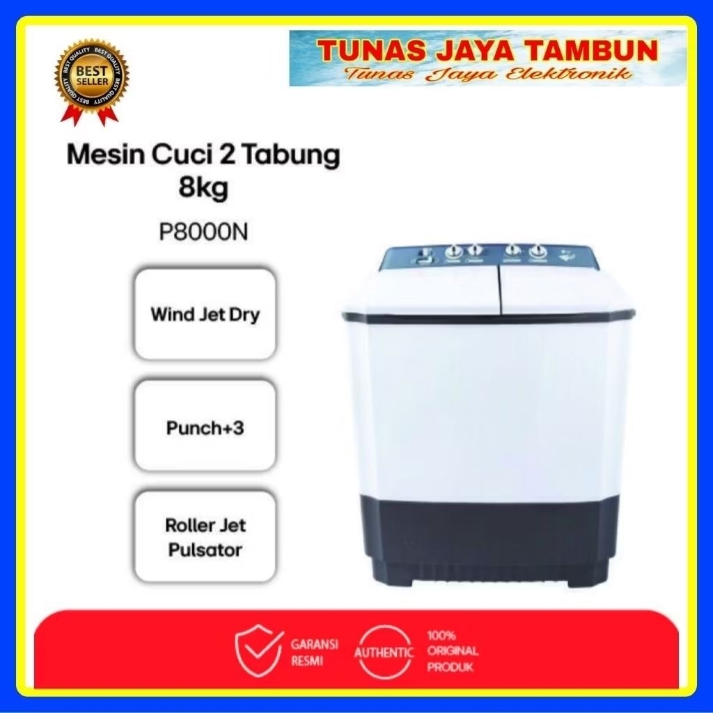 MESIN CUCI LG P 8000 N / MESIN CUCI LG 2 TABUNG 8KG P-8000N / LG P8000N TWIN TUB 8 KG