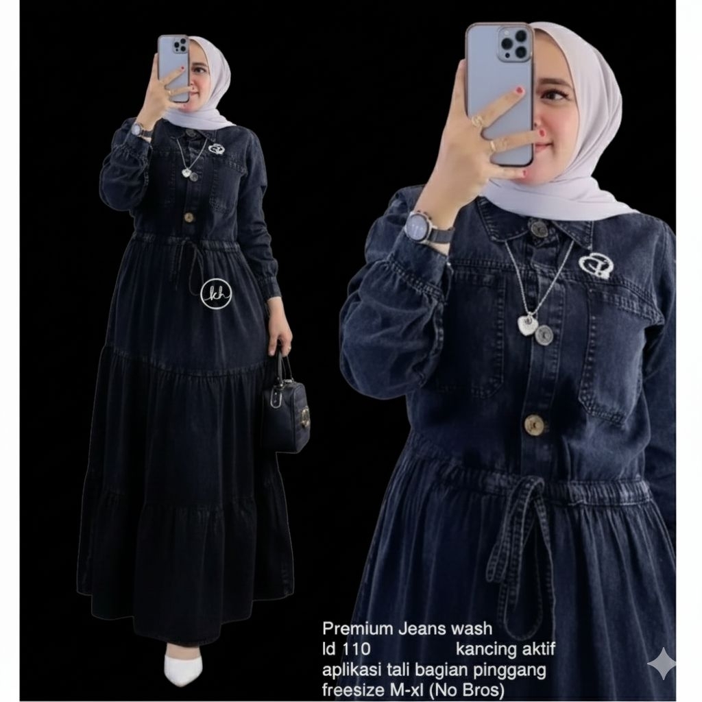 Gamis Nadira Bahan Jeans premium Tali serut
