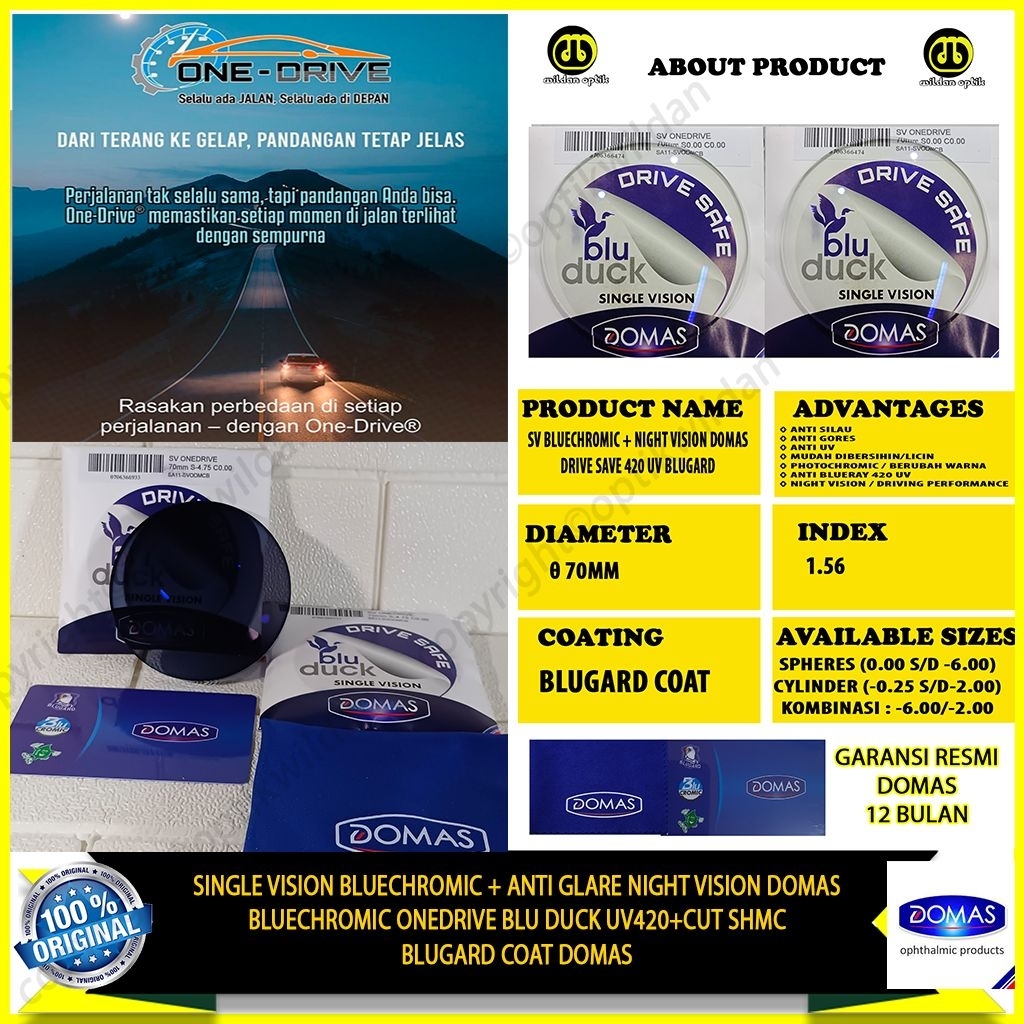 Domas Single Vision Bluechromic Drive Safe Bluduck UV 420 Blugard Coat Domas Original Ready Stock