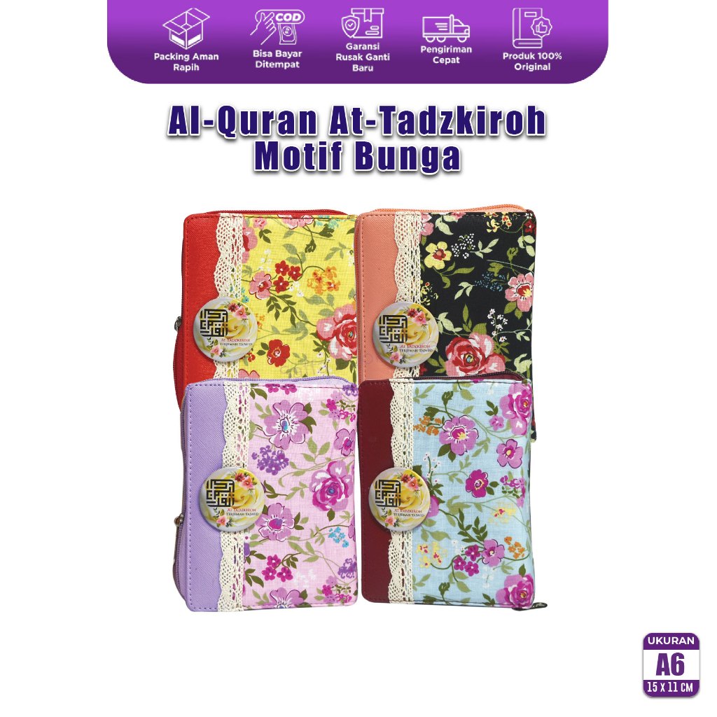 Alquran Muslimah Cantik At Tadzkiroh Resleting Motif Bunga Terjemah Tajwid Berwarna Ukuran A6 Cover 