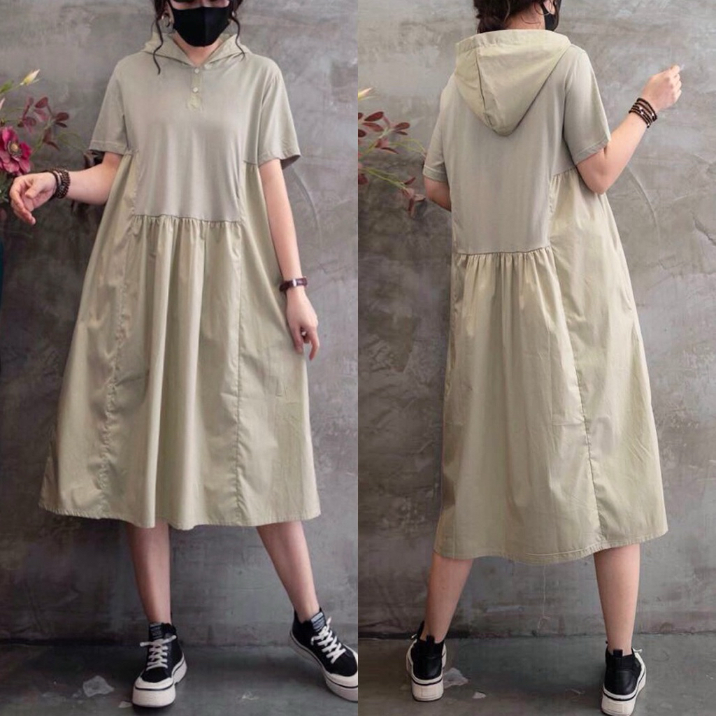 DRESS MIDI HOODIE KATUN POPLIN PANEL KAOS KHAKI KREM HITAM KOREA IMPORT