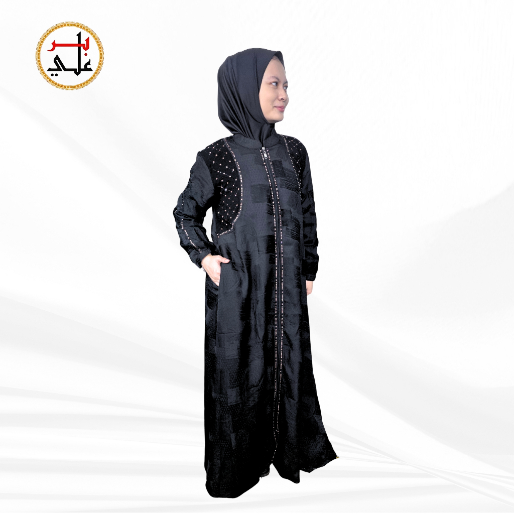 BIIR ALI Collection Abaya Series Hitam Dan Putih Busui Friendly Bahan Lembut Adem Jatuh Motif Timbul