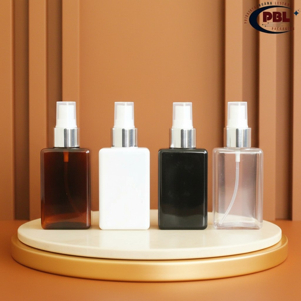 Botol Spray 100ml Kotak Varian Warna - Tutup Spray Alumunium Silver Neck 24 HalfCap / Botol Plastik 