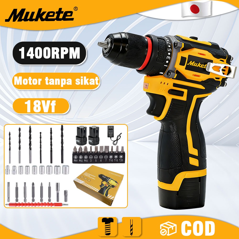 Mukete 1400R/menit bor listrik 40N.m bor impact baterai bor cordless 10mm bor brushless