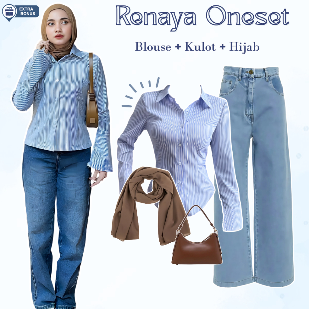 Oneset One set 3in1 setelan hijab wanita kemeja slimfit slim fitted celana kulot jeans jins hijab pa