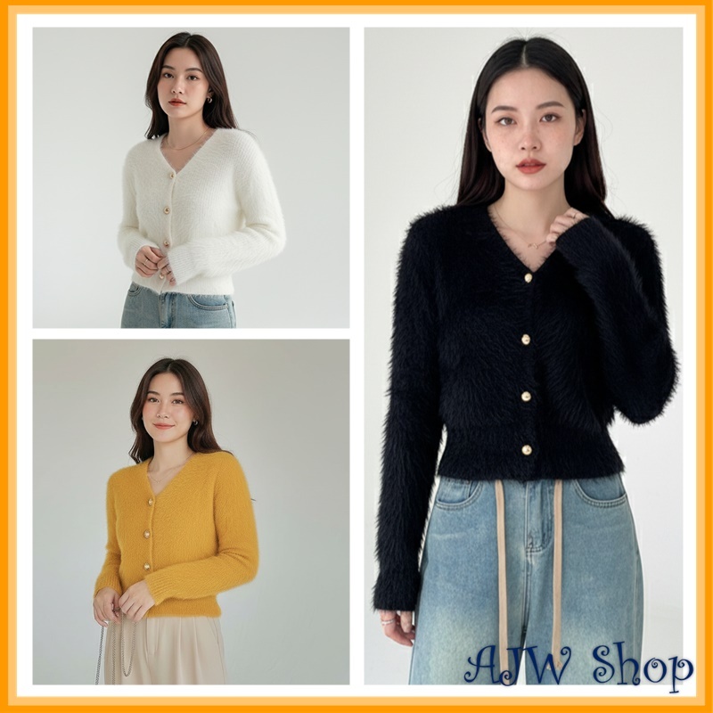 AJW Atasan Wanita Premium Knit Bulu Halus WCP | Sweater Rajut V-Neck Kancing Aktif | Cardigan Rajut 