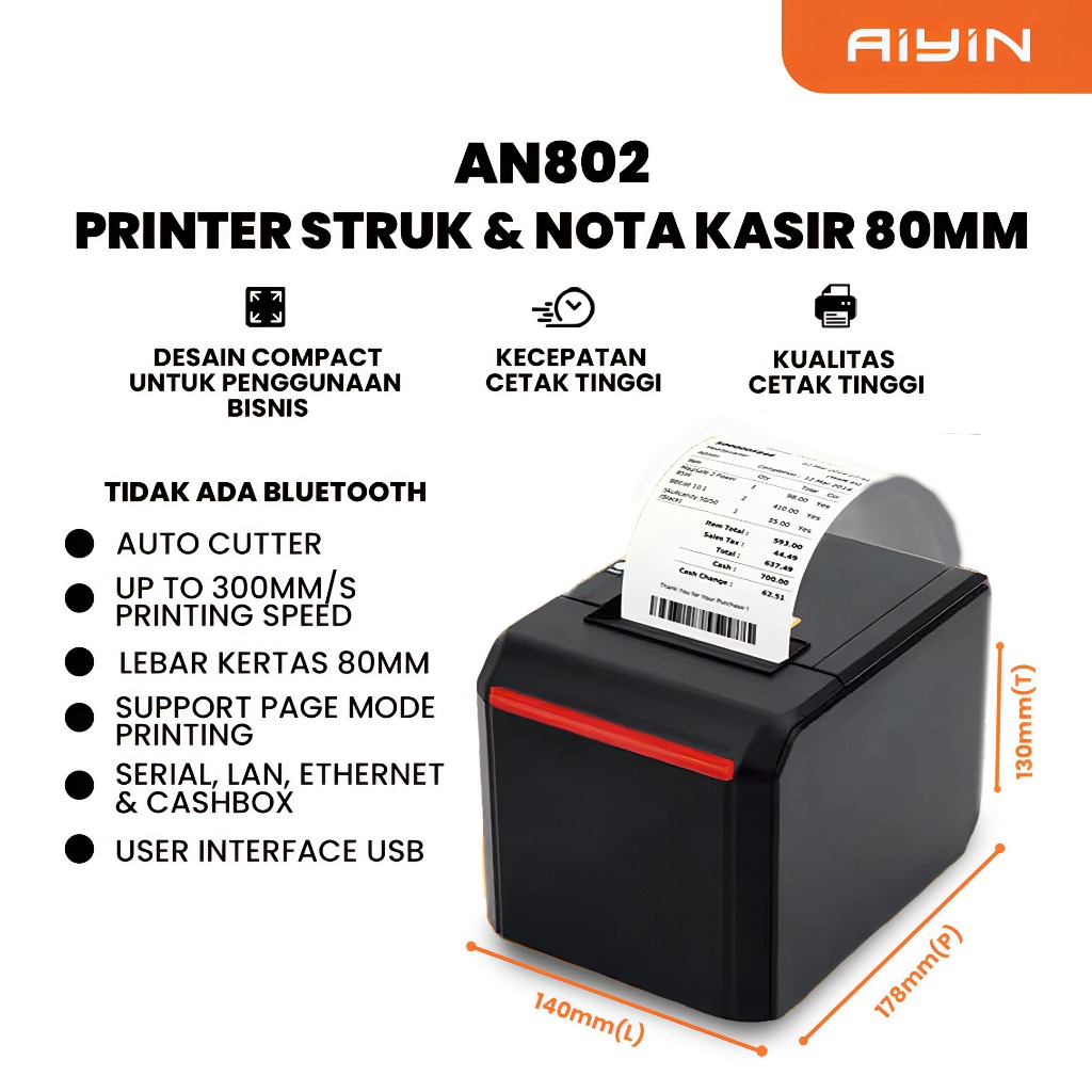 AiYin AN802 - Printer POS Struk Dan Nota Mesin Kasir 80mm Thermal Printer Tanpa Tinta USB/Bluetooth