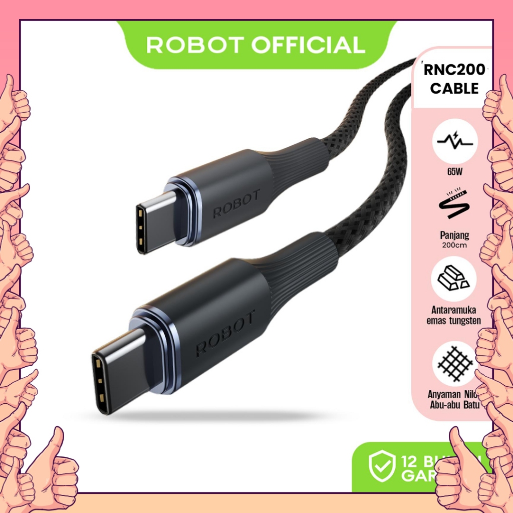 Robot RNCC200 Cable Data Type C to C Braided Kabel Data Cable Fast Charging C ke C 200CM 65W
