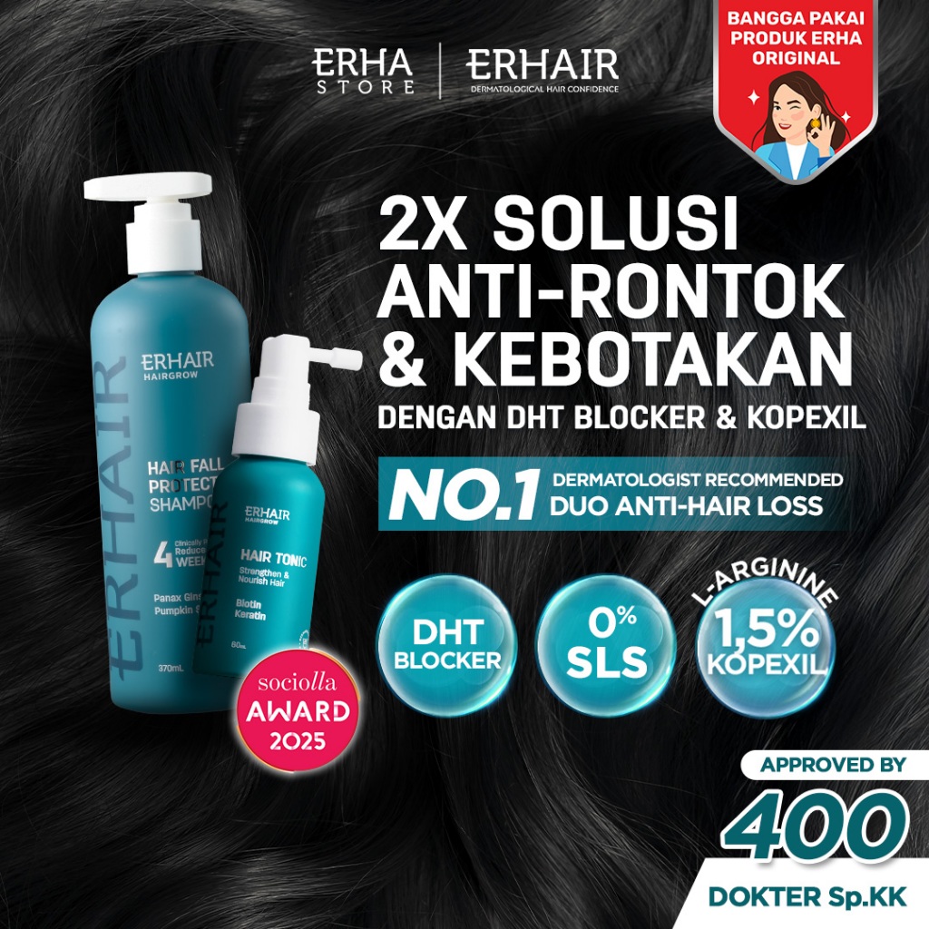 ERHAIR SET ANTI RONTOK Hairgrow Shampoo 370ml + Hair Tonic 60ml - Mencegah Rontok Hormonal | DHT Blo