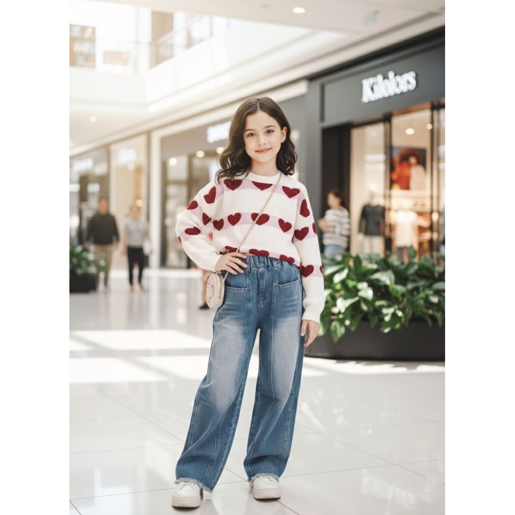 Sweater Motif Hati Anak perempuan dan Wide Leg Jeans-OOTD Anak Cewek Tanggung 140 dan 150