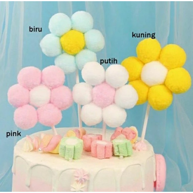 Cake Topper Bunga Warna Warni/Hiasan Kue Bunga Pom/Hiasan Kue Lucu/Hiasan kue ulang tahun