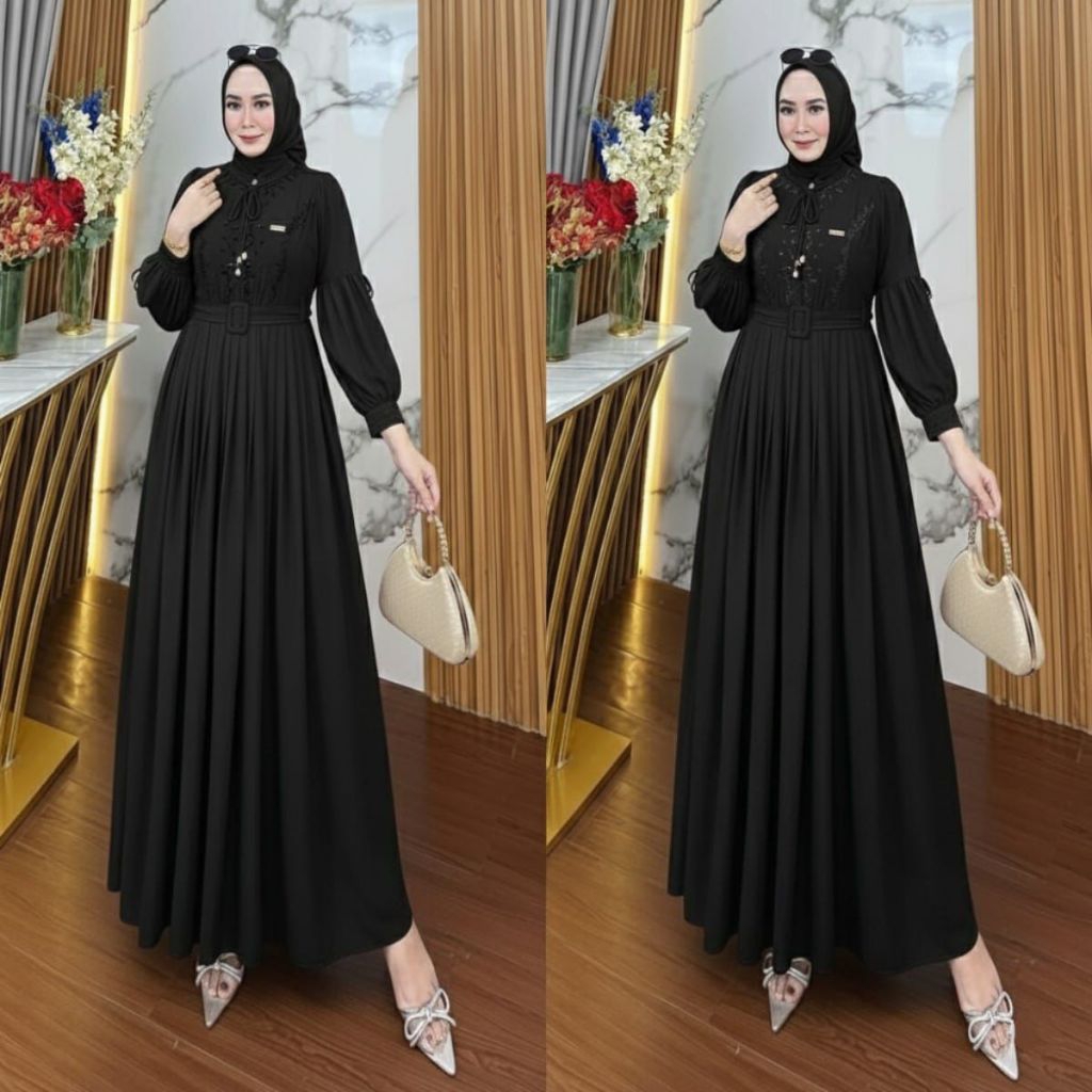 GAMIS KHALISA WANITA MUSLIM DRESS CERUTY BAJU KONDANGAN LEBARAN Mocca Black Mahogany Mewah