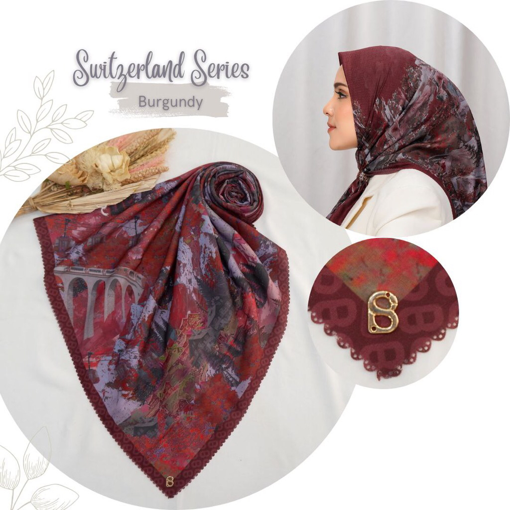 SWISTZERLAND HIJAB Buttonscarves  lasercut titik3 semi original /logo Plat B logam