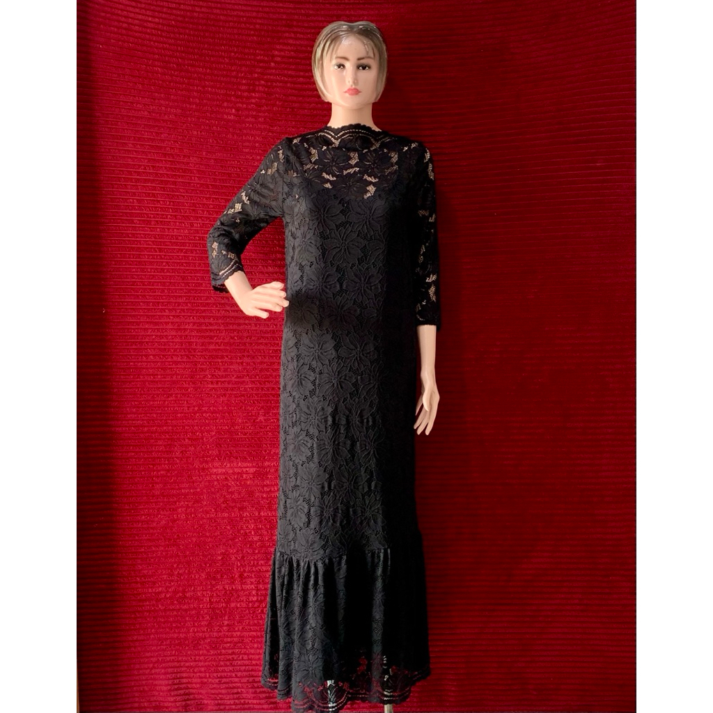 LONG DRESS HITAM BRUKAT BROKAT PANJANG MEWA PESTA BODYFIT