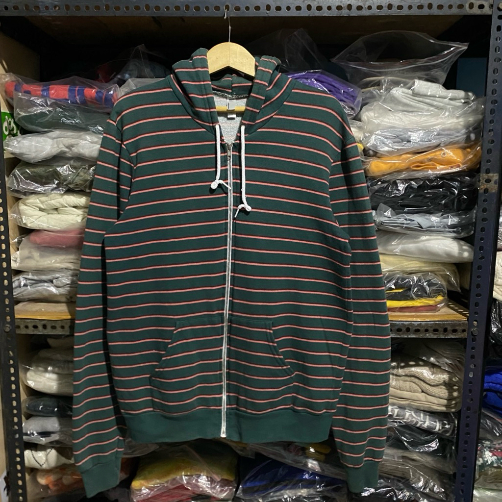 American Apparel Stripe Zip Up Hoodie Hijau Size L 71x55 Made in USA