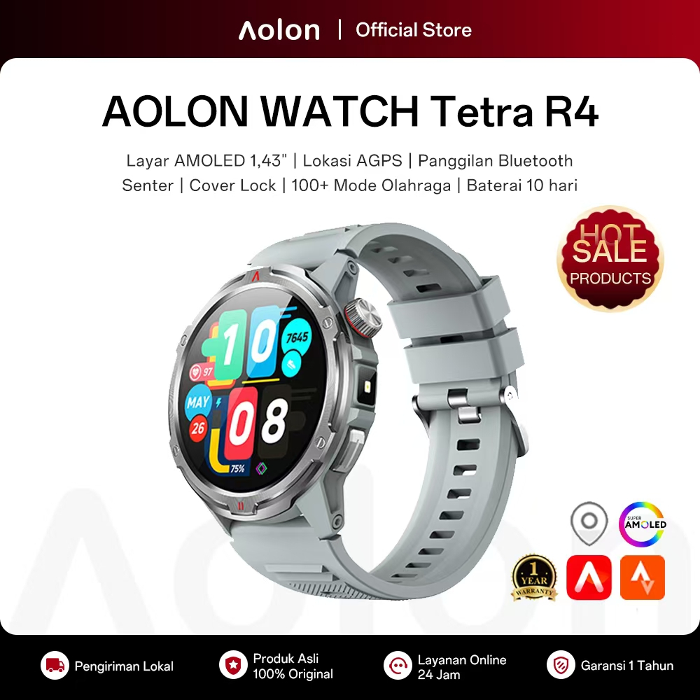 [Garansi 1 Tahun] Aolon Tetra R4 Smartwatch Layar Amoled AOD Cover Lock Kompas Saturasi Oksigen Dara
