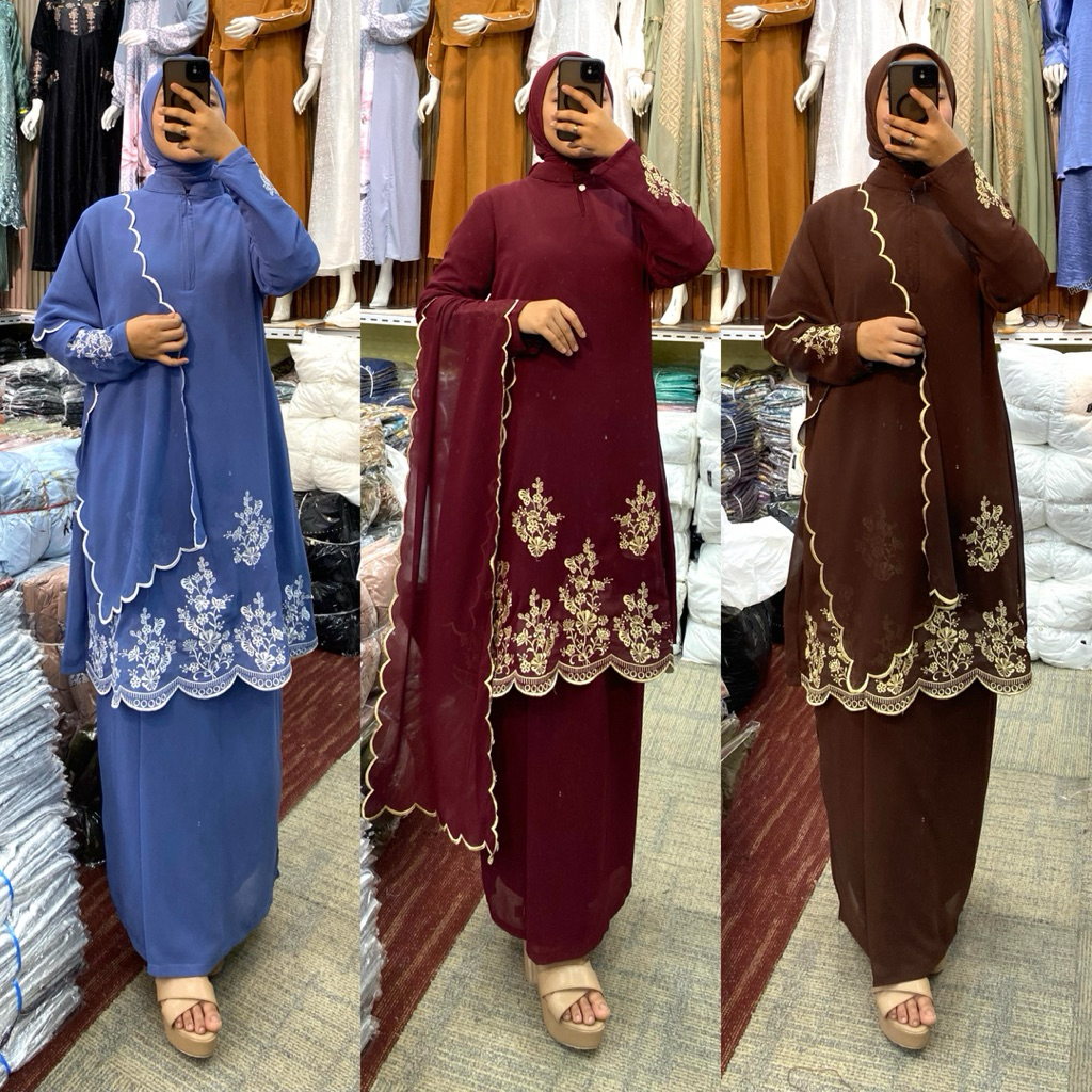 Set Kurung Melayu Bordir Include Hijab dan Selendang by Yulia HD