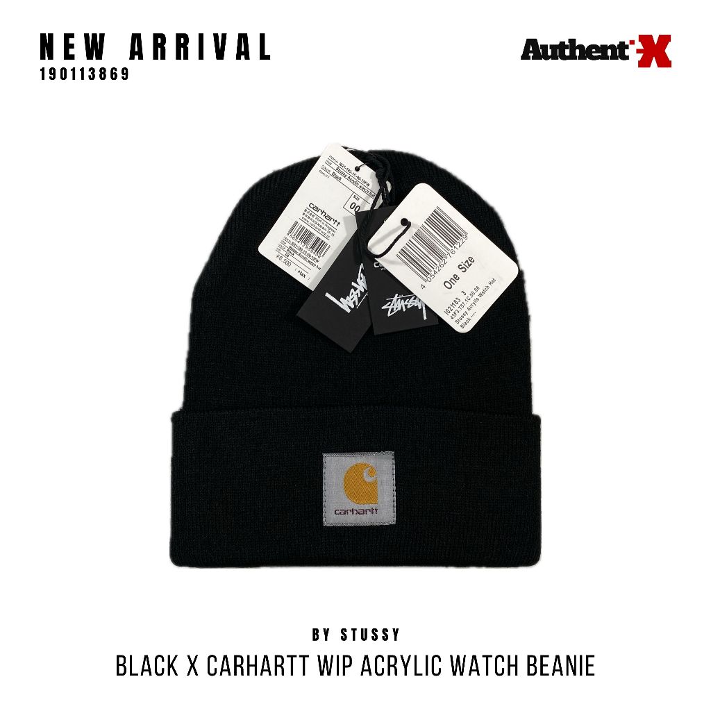 TOPI STUSSY X CARHARTT BEANIE HAT | BLACK ORIGINAL