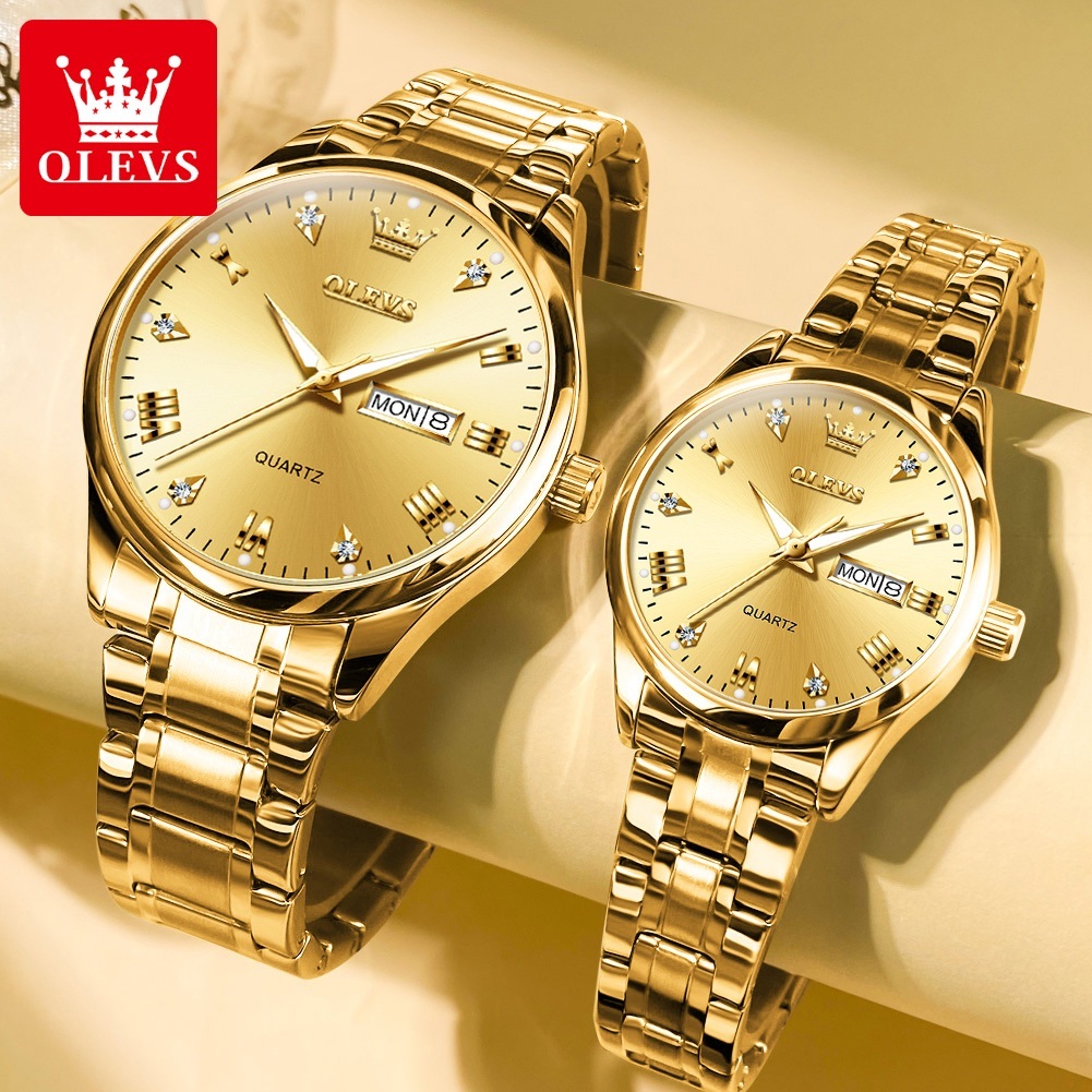 OLEVS Jam Tangan Couple Pasangan Original 9931 Kalender Bercahaya Luminous Analog Couple Watch