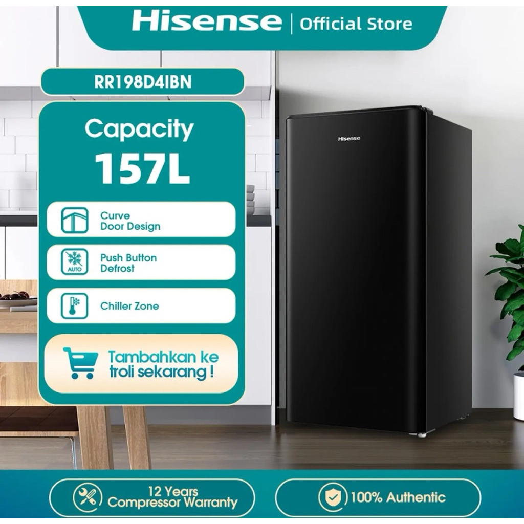 KULKAS HISENSE 1 PINTU RR198D4IBN - KULKAS MINI HISENSE 1 PINTU 157 LITER - KULKAS ANAK KOS HISENSE 