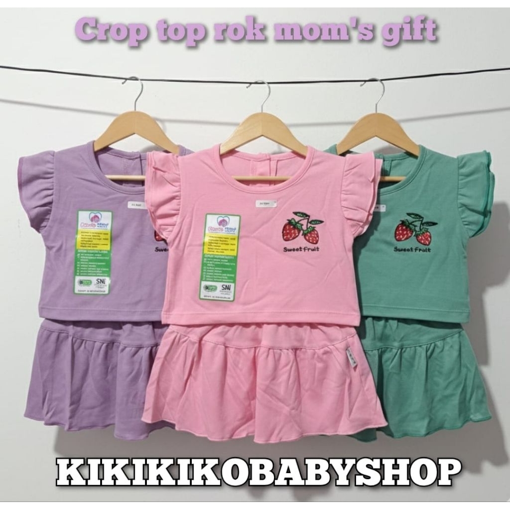 STL SA131  3pcs crop top mom"s gift polos rok bordir strobery lengan ruffel lucu 0-12 bulan setelan 