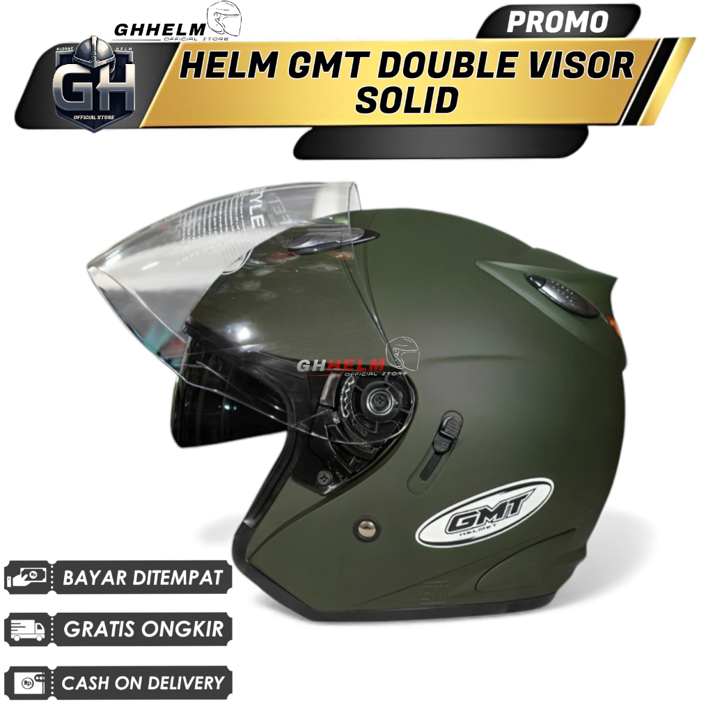 HELM HALF FACE DOUBLE VISOR|MODEL INK CENTRO|MERK GMT|HIJAU ARMY