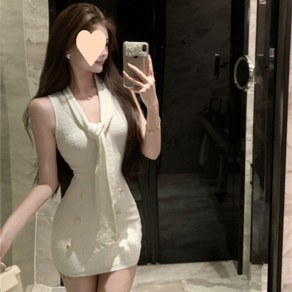 Gaun Premium Korean Style Mini Dress V-Neck Wanita Kekinian Tanpa Lengan HM468