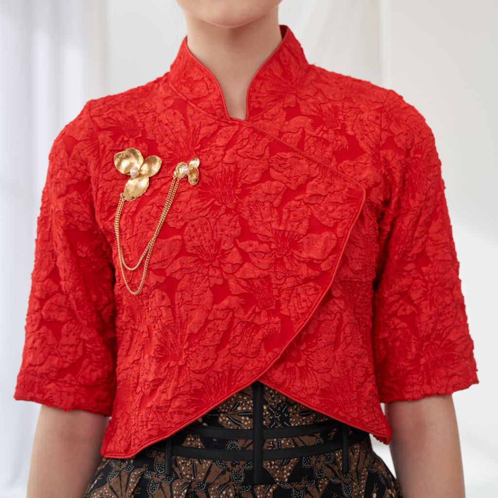 Kebaya Janggan Fukuro Merah / Baju Kebaya Natal Imlek Merah / Kebaya Janggan Lengan Pendek Merah