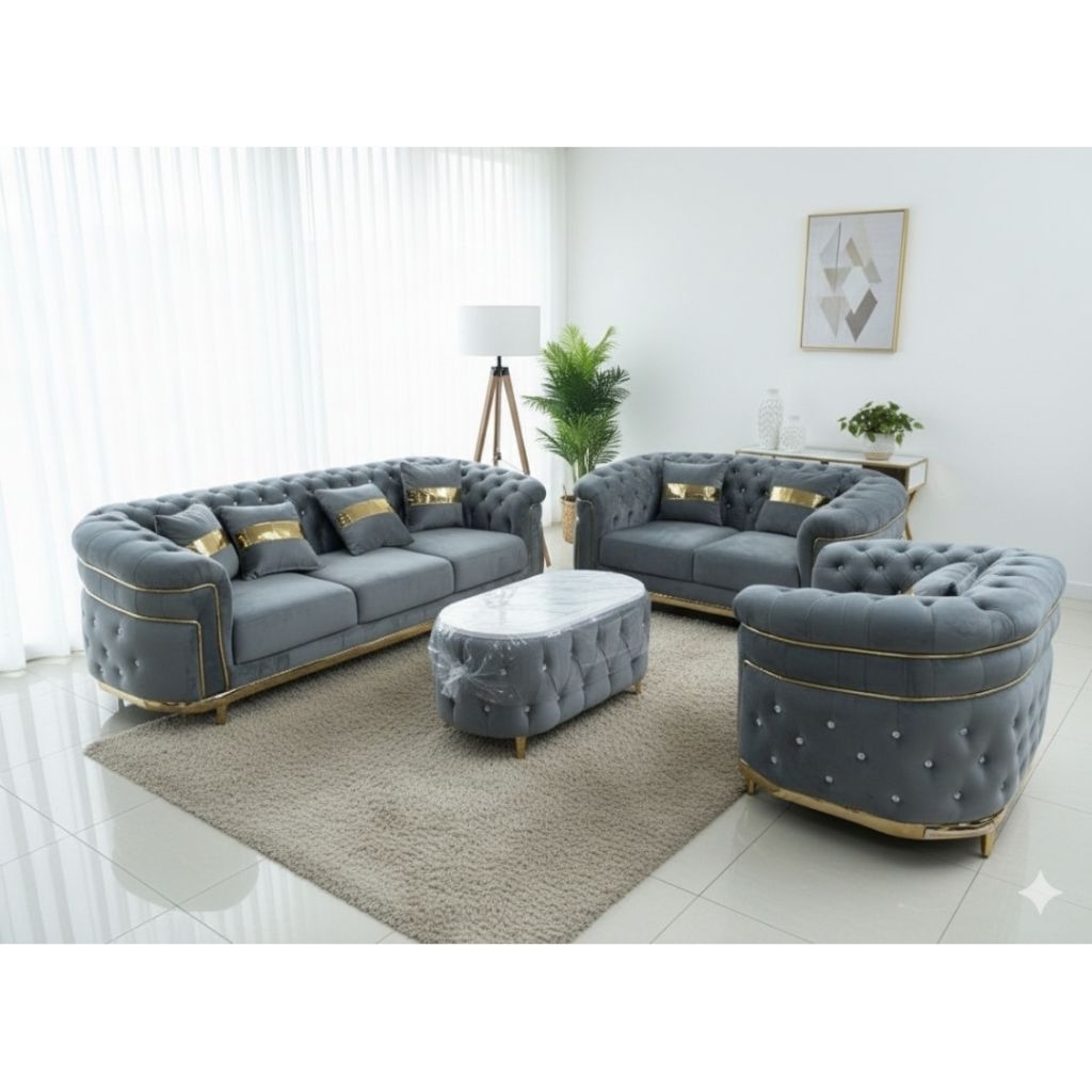 Sofa Turki model 3,2,1 seribu kancing,Kaki Stenlist Gold model Turki,Meja Marmer
