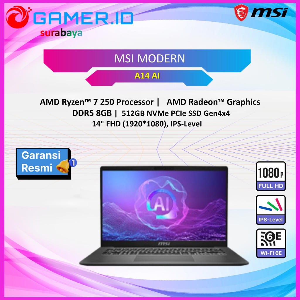 LAPTOP MSI MODERN A14 AI RYZEN 7 250 - 8GB 512GB 14.0FHD