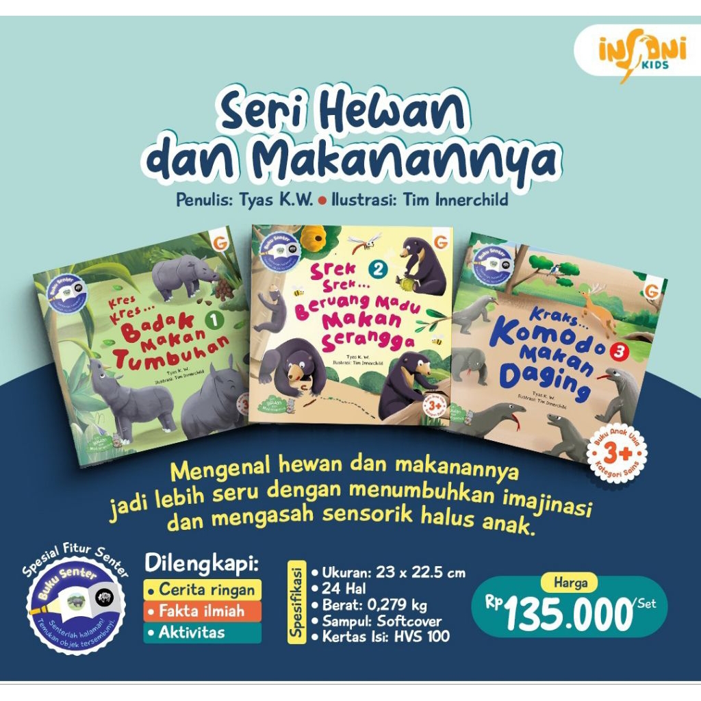 Seri Hewan dan Makanannya (isi 3pcs) - Buku Hewan Langka Indonesia: Badak, Beruang Madu, Komodo | Ge