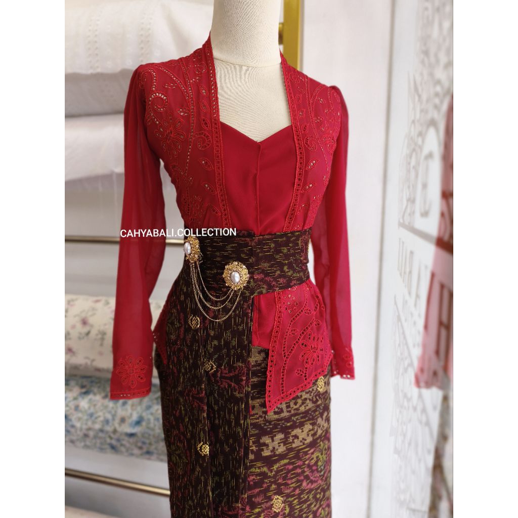 Kebaya Jadi Bordir | Lengan Lonceng & Panjang | Merah Hijau Kuning Sandat