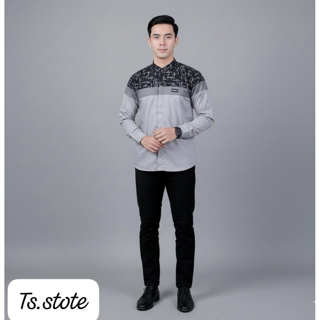 Baju Koko Pria Dewasa Lengan Panjang Kombinasi Batik El Rumi Motif Senopati