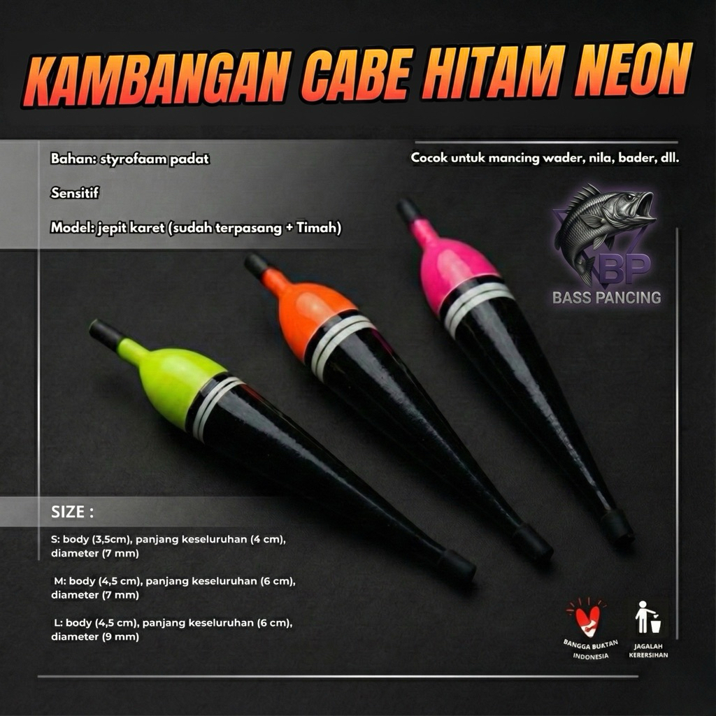 Kambangan Pelampung pancing Cabe hitam ( isi 3 + Timah )untuk ikan tawes , Nila , Nilem dll