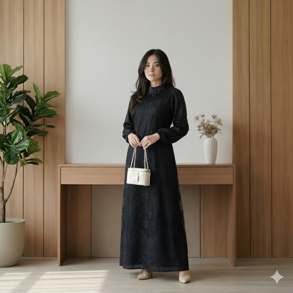 Finda - Gamis Brokat Tile Premium - Dress Kondangan Mewah Elegan - Gamis Pesta Satin Bordir Hitam