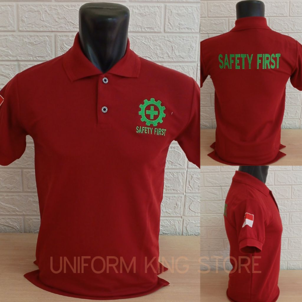 KAOS SAFETY FIRST MARUN FULL BORDIR - KAOS KERAH SAFETY FIRST LENGAN PENDEK MARUN BORDIR - KAOS SAFE