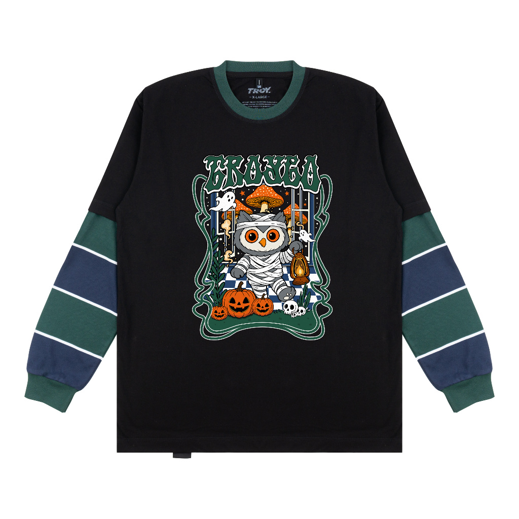 Troy Company Double Sleeve Longsleeve Black Green Hoot Mummy - Kaos Lengan Panjang Kaos Hitam DSD 3484
