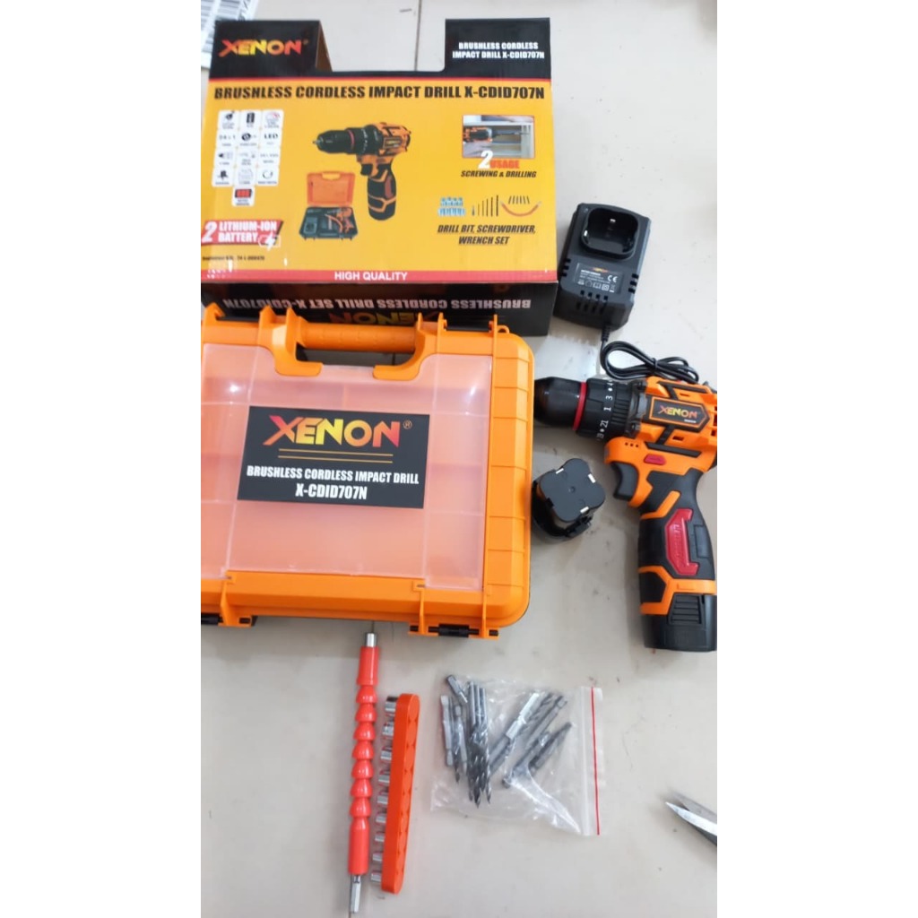 XENON CDID707N Cordless Bor Beton 14 V SET Brushless- Baterai Impact Drill Besi Kayu Mesin Bor Tembo