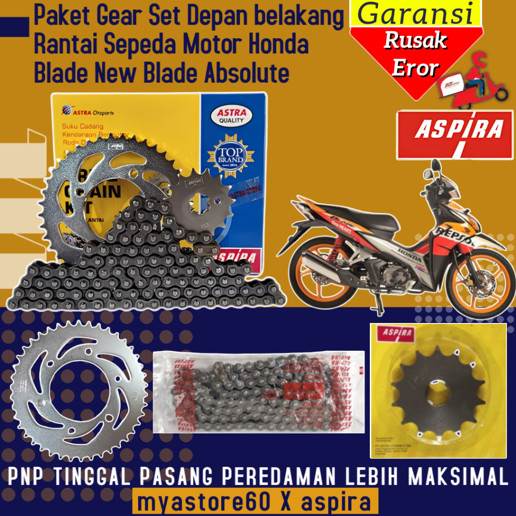 ORIGINAL ASPIRA Paket Set Rantai Gear Belakang Gear Depan Gear Dpn 420-14T, Gear Blkg 420-37T, Ranta
