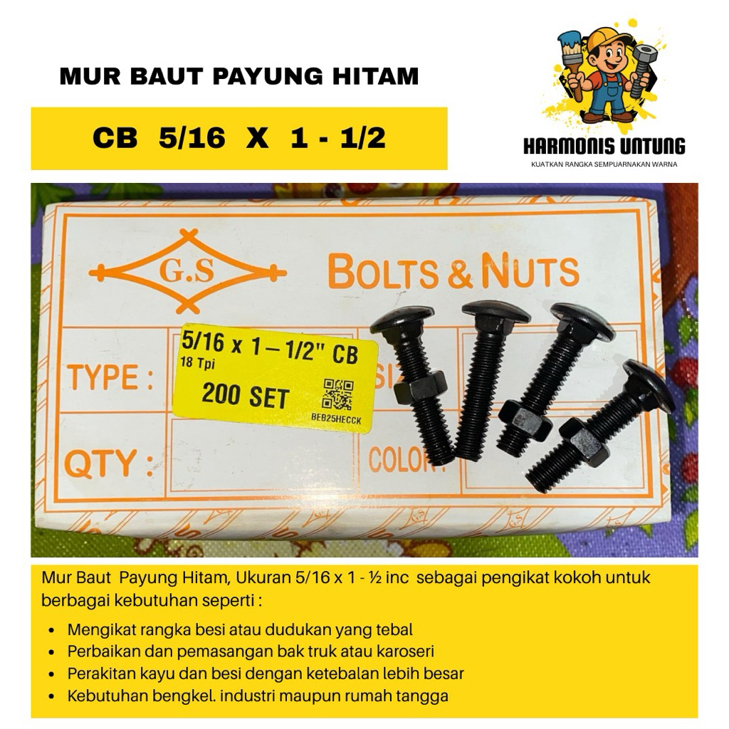 Baut mur hitam payung 5/16 x 1-1/2 isi 200set (1 Dus) Baut Mur Hitam Payung Kunci 12 Baut Mur Bak Tr