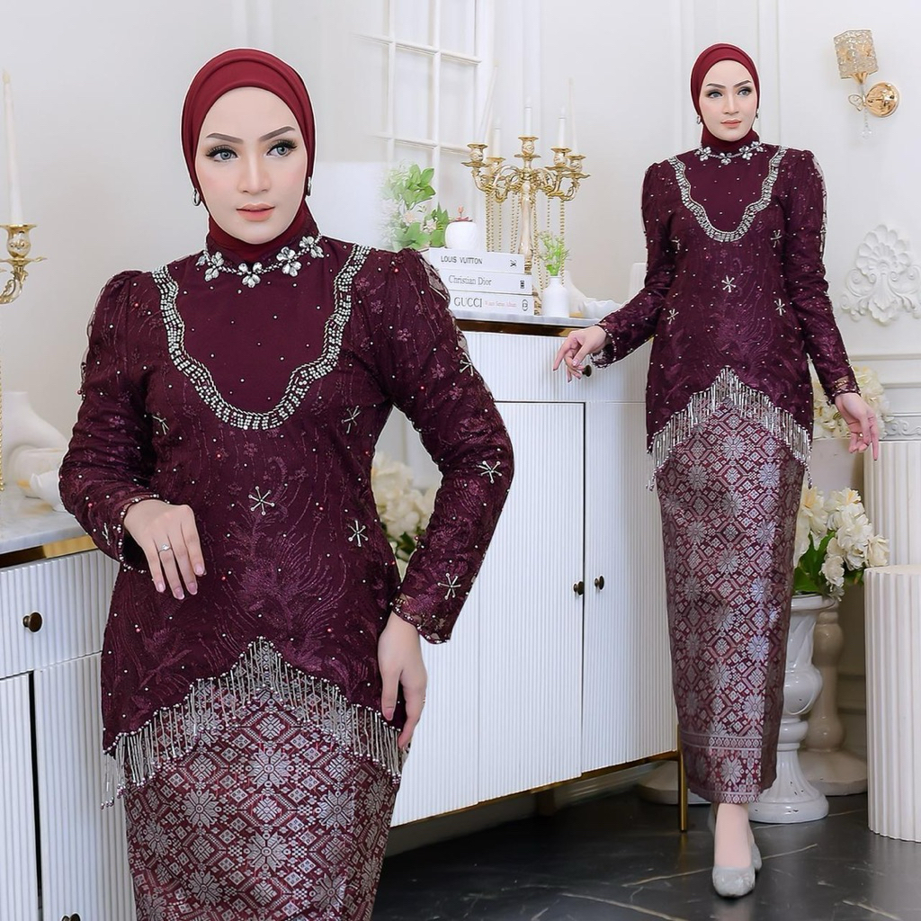 Permata Olshop / Kebaya Fuji Modern Rumbai Payet Mewah / Kebaya Payet Mewah Tile Bordir / Kebaya Mod