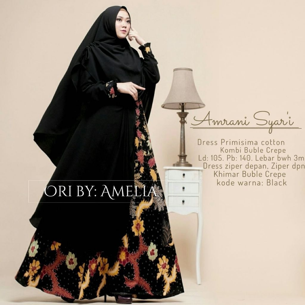 MOCA (READY STOCK) Amrani Rumana Gamis Set Batik Syaina Syari Hitam 850Gr 100/140Allsize Gamis Syari