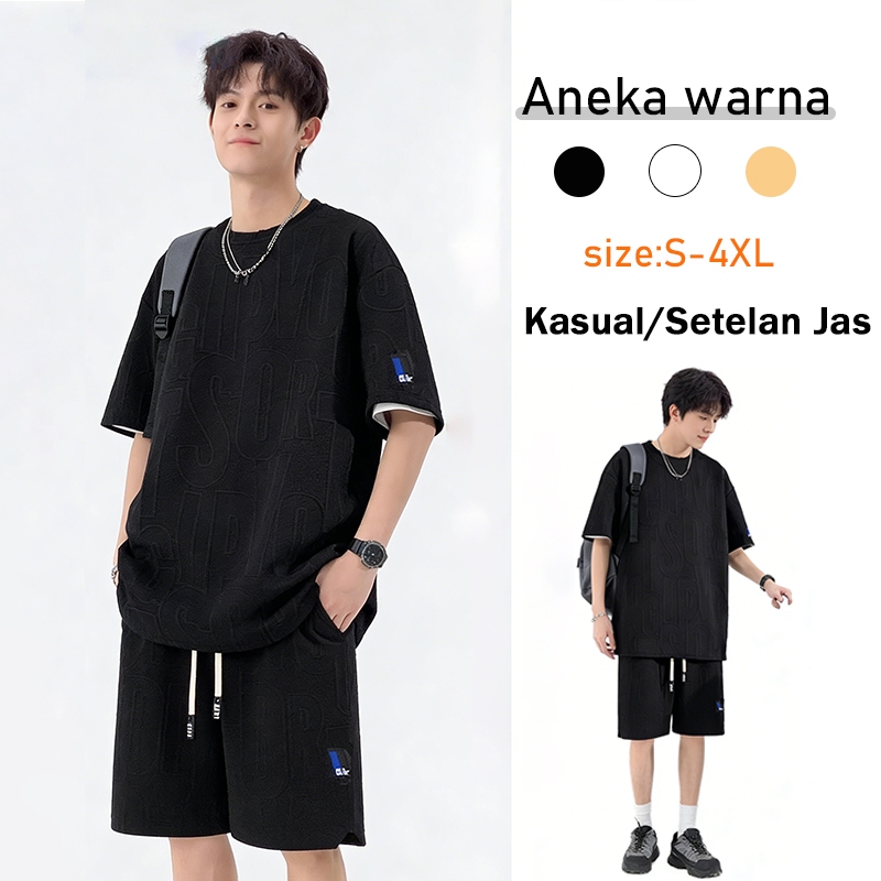 Baju Setelan Pria Korea Hitam Oversize Pria Premium Olahraga Baggy Setelan Kaos Celana Set Outfit