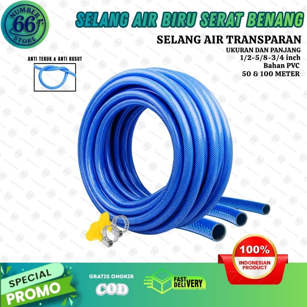 Selang Air Biru Anti Lumut Selang 1/2 5/8 3/4 Inch 50 & 100 Meter Free Semprotan Air - Selang Air ta