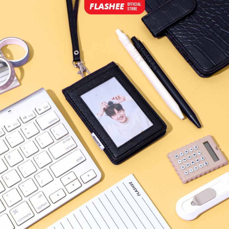 Flashee ID Card Holder Lanyard Harper Kulit Sintetis Name Tag Dua Sisi Bolak Balik Pria Wanita