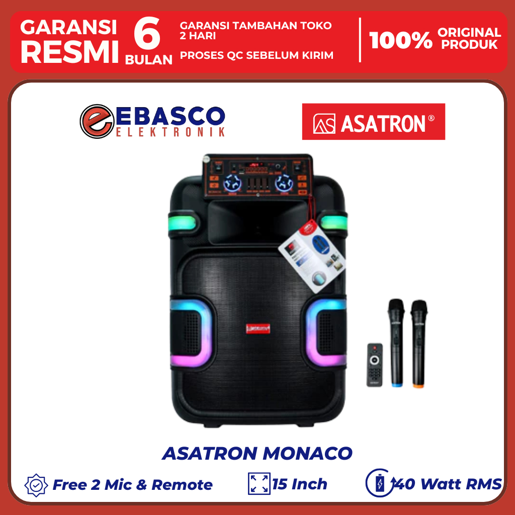 ASATRON Speaker Aktif Monaco Portable Woofer 15 Inch Wireless Bergaransi Resmi