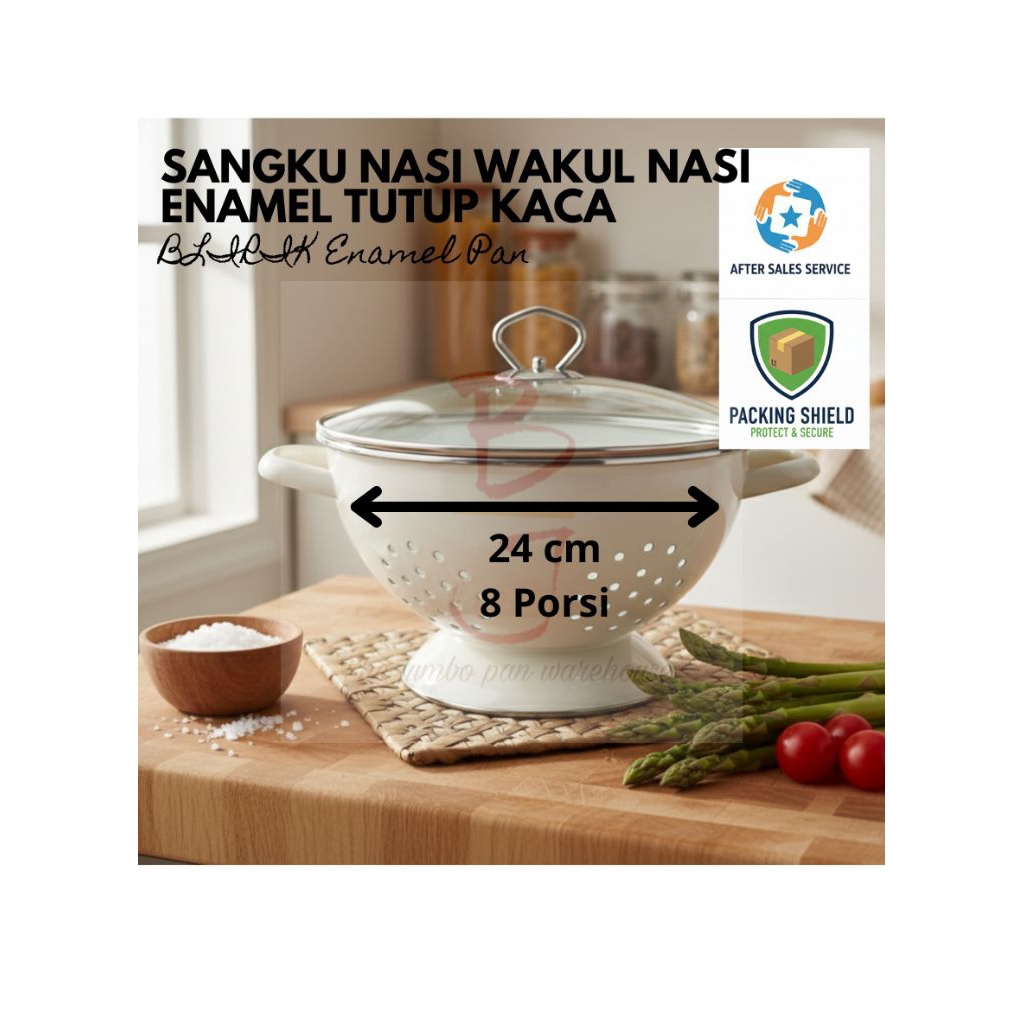 Blirik Enamel Pan Putih Sangku Nasi Wakul Nasi 8 porsi 24 cm Tutup Kaca Mangkuk Saji